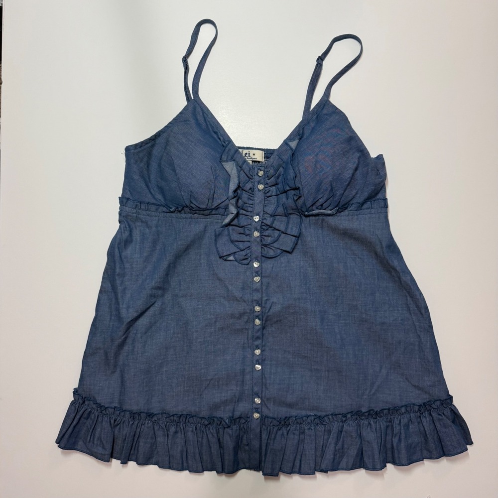 Women's L.e.i blue ruffle baby doll top with heart buttons